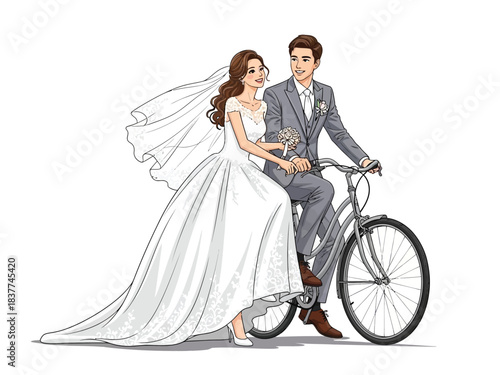 Newlywed couple shares a charming bicycle ride celebrating their elegant wedding day commitment