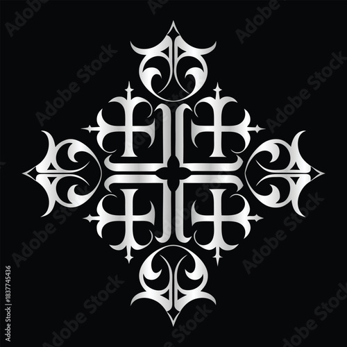 Ornate gothic cross symbol with decorative flourishes on black background