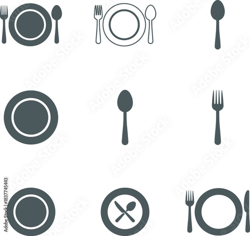 Plates, Forks, Spoons, and Place Settings for Restaurant Menus and Dining Apps.