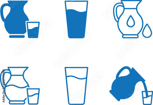 Pitchers and Glasses for Water, Milk, and Refreshing Beverages - Hydration Symbols.