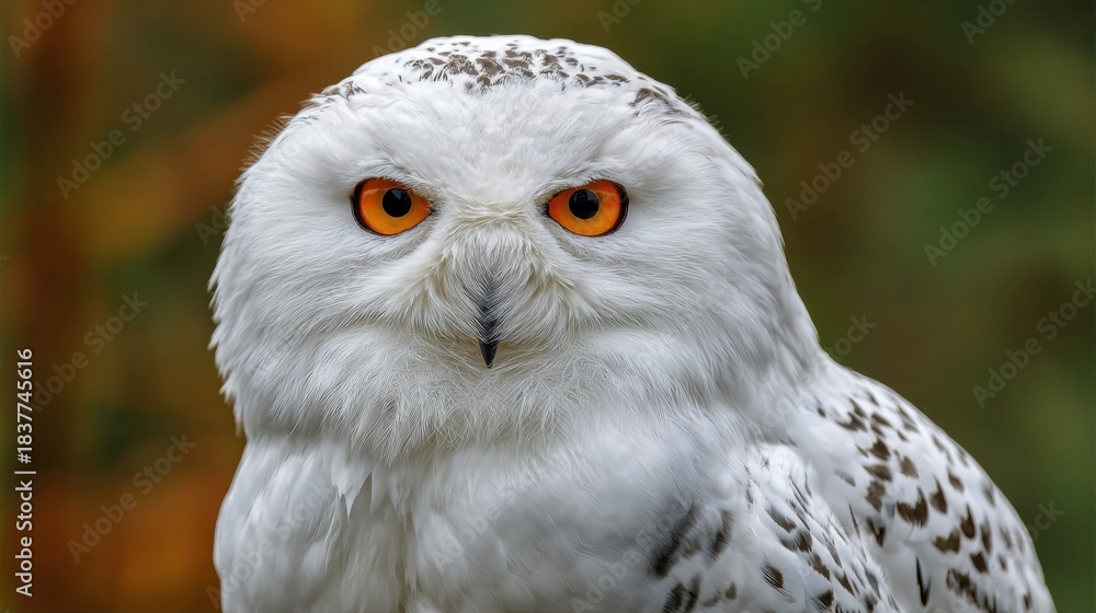Fototapeta premium A snowy owl sits quietly on a branch in a lush forest. Its vibrant orange eyes stand out against its white and gray feathers. The peaceful setting captures the charm of autumn wildlife.