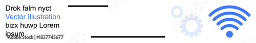 Network connectivity, wireless communication, internet, signal transmission, technical innovation, digital services. Blue wireless signal icon beside mechanical gears. Network connectivity