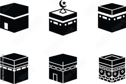 Six Black Silhouettes Representing Mecca, Hajj, and Islamic Pilgrimage