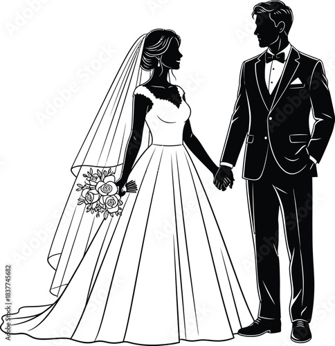 Elegant bride and groom silhouette holding hands for a beautiful wedding ceremony moment
