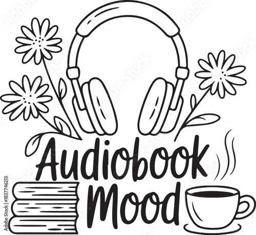 Audiobook Mood with Books Headphones and Tea, Cozy Reading and Listening Concept