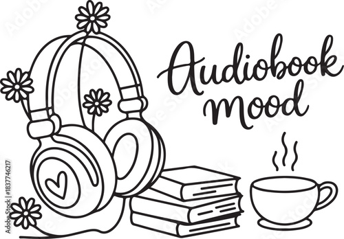 Audiobook Mood with Books Headphones and Tea, Cozy Reading and Listening Concept