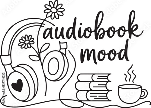 Audiobook Mood with Books Headphones and Tea, Cozy Reading and Listening Concept