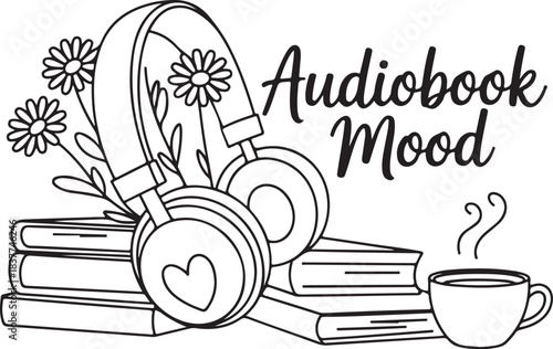 Audiobook Mood with Books Headphones and Tea, Cozy Reading and Listening Concept