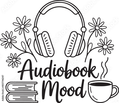 Audiobook Mood with Books Headphones and Tea, Cozy Reading and Listening Concept