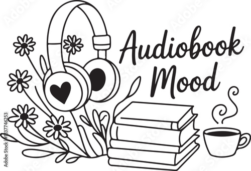 Audiobook Mood with Books Headphones and Tea, Cozy Reading and Listening Concept