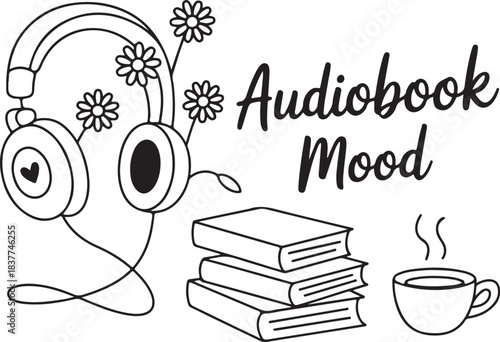 Audiobook Mood with Books Headphones and Tea, Cozy Reading and Listening Concept