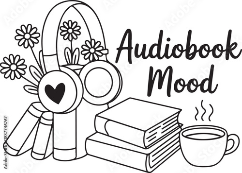 Audiobook Mood with Books Headphones and Tea, Cozy Reading and Listening Concept