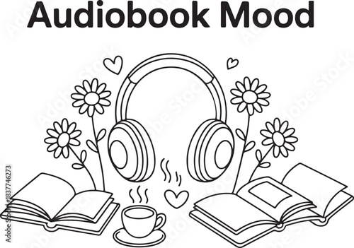 Audiobook Mood Illustration with Headphones and Coffee, Cozy Reading Lifestyle Design