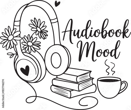 Audiobook Mood Illustration with Headphones and Coffee, Cozy Reading Lifestyle Design