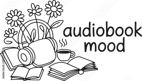 Audiobook Mood Illustration with Headphones and Coffee, Cozy Reading Lifestyle Design