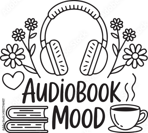 Audiobook Mood Illustration with Headphones and Coffee, Cozy Reading Lifestyle Design