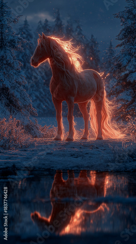 A magical horse glowing with red light standing in the snowy forest at night 