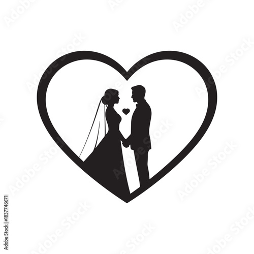 Silhouette of a wedding couple standing face to face inside a large heart frame for romantic marriage concept