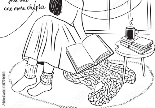 Girl Reading Book with Coffee, Just One More Chapter Cozy Lifestyle Illustration