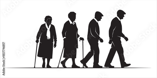 Silhouette of elderly men and women walking with canes representing senior health and aging society