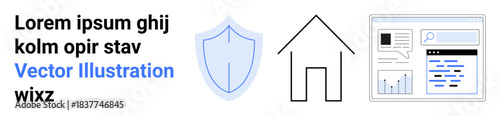 Digital security, home safety, web analytics, data management, online services, protection. Visual includes shield, house and interface elements. Security and home safety