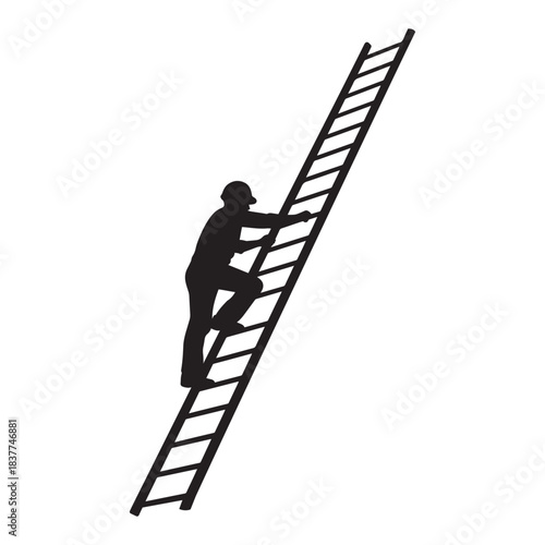 Silhouette of a construction worker wearing a hard hat climbing a long extension ladder isolated on white background