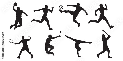 Silhouette set of athletes playing basketball soccer tennis gymnastics and baseball for sport and fitness concepts