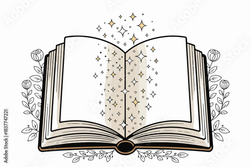 Open Book with Magic Sparkles Illustration, Fantasy Reading Concept Outline Design