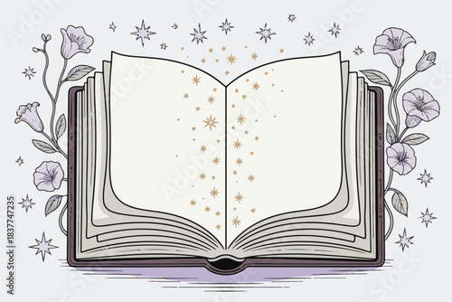 Open Book with Magic Sparkles Illustration, Fantasy Reading Concept Outline Design