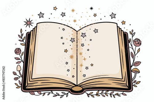 Open Book with Magic Sparkles Illustration, Fantasy Reading Concept Outline Design