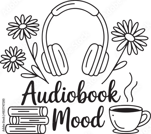 Audiobook Mood Line Art Illustration with Headphones and Books for Coloring Page