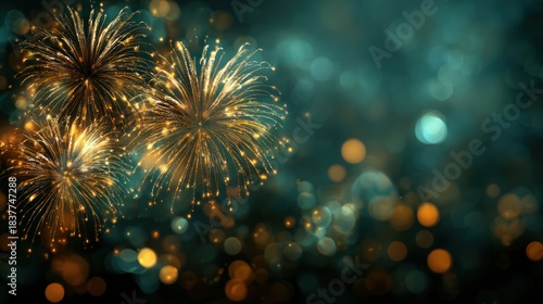 2026 New Year Party Background Banner with Abstract Gold Firework on Dark Green Texture and Bokeh Lights