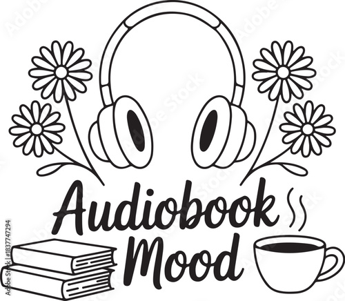 Audiobook Mood Line Art Illustration with Headphones and Books for Coloring Page