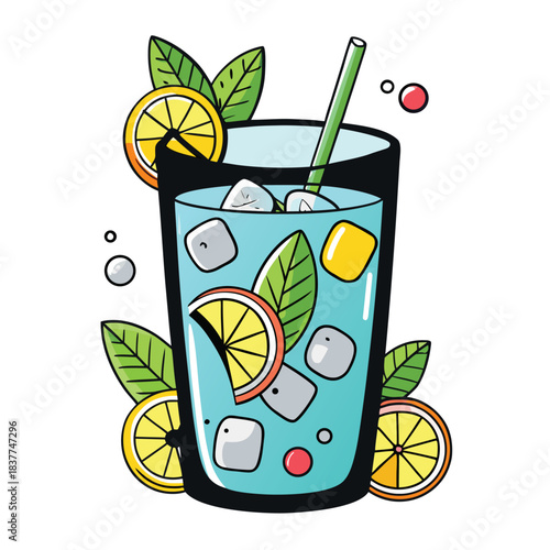 A tall glass of blue beverage with ice, lemon slices, mint leaves, and a straw, perfect for a hot day.
