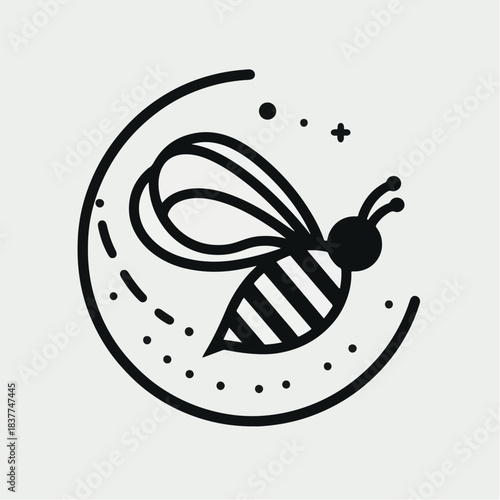 Artistic illustration of a bee inside a circular frame with dotted lines and stars.