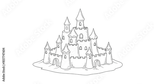 Intricate black and white line drawing of a magical fairy tale castle with many towers and turrets on a white background.