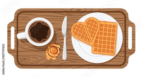 Top-down illustration of a romantic breakfast in bed scene with coffee waffles and a pastry served on a rustic wooden tray.