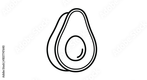 Minimalist black and white line icon of a fresh avocado cut in half showing the seed isolated on a simple white background.