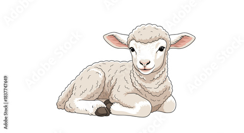 Adorable detailed illustration of a cute baby lamb with white woolly fleece lying down peacefully on a clean white background.
