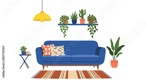 Cozy and modern living room interior scene with a blue sofa potted plants and a colorful rug creating a comfortable atmosphere.