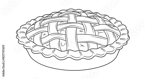 Classic homemade pie with a decorative lattice crust in a pie dish presented as a simple black and white line art drawing.