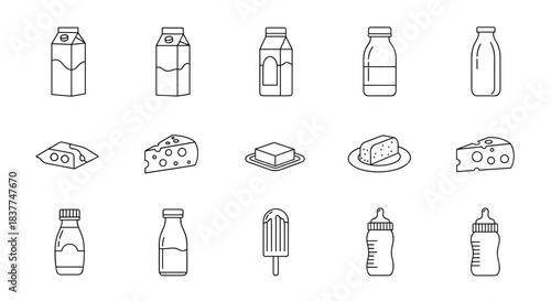 Set of minimalist black and white line icons representing various dairy products like milk cheese butter and yogurt for packaging.