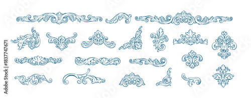 Whimsical hand-drawn vintage Baroque Victorian border, corners, frame. Drawing art Intricate baroque ornament, Decorative floral design elements engraving style