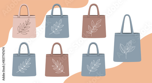 Set of reusable canvas tote bags in various colors decorated with a simple white leaf design for eco-friendly shopping.
