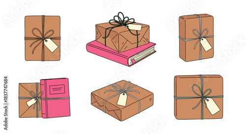 Set of six doodle-style illustrations of gift packages wrapped in brown kraft paper and tied with twine for a rustic feel.