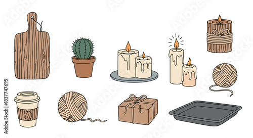 Collection of cozy hygge-themed doodle illustrations including candles yarn and a cactus for a comfortable and warm lifestyle.