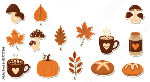 Collection of cute autumn-themed sticker illustrations including fall leaves mushrooms hot cocoa and pumpkins for seasonal design.