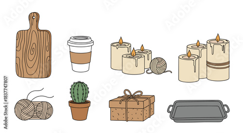 Set of cozy hygge-themed doodle illustrations including candles a coffee cup and yarn for a comfortable and warm lifestyle.