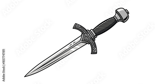 Vintage-style illustration of a medieval dagger with an ornate hilt and a sharp steel blade on a clean white background.