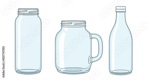 Set of three empty and transparent glass containers including a jar a mug and a bottle isolated on a white background.